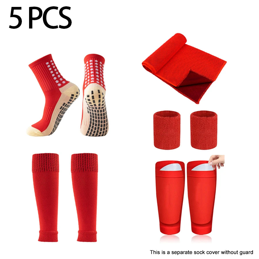 5-Piece Soccer Equipment Set | Sports Socks, Shin Guards, Sock Covers, Wrist Bracer & Towel