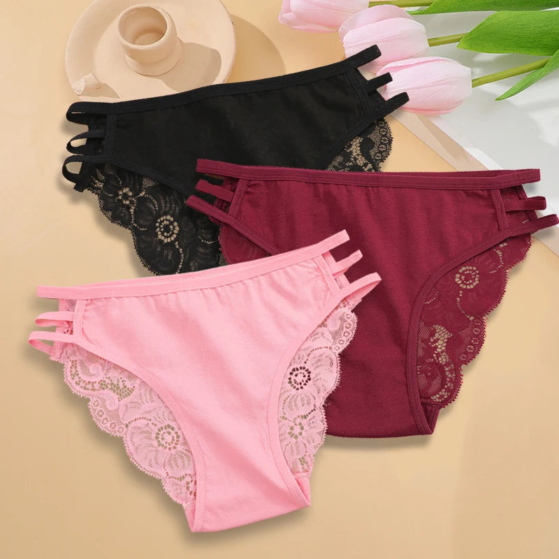 3PC Set Women's Sexy Floral Lace Low Rise Hollow Out Panties Transparent Underwear Soft Elastic Straps Lingerie