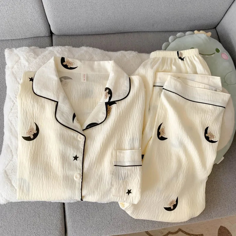 2025 Women's Moon Bear Pajama Set | Korean Style Soft 2-Piece Long Sleepwear with Lapel Neck