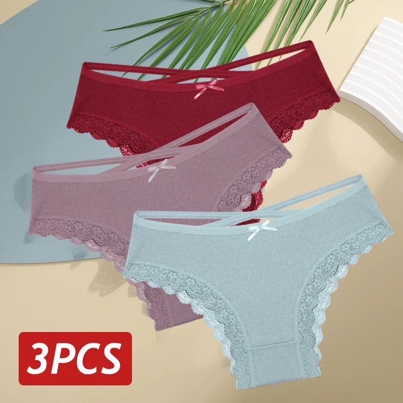 3PCS Set Women's Cotton Low Rise Lace Brazilian Panties Soft Breathable Bow Lingerie Underwear S-XL