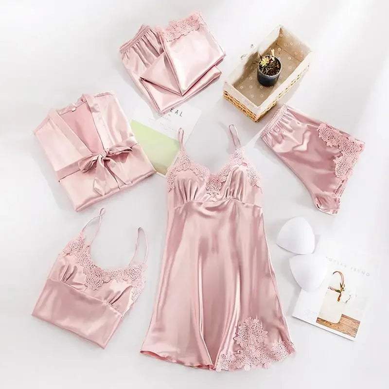 5PCS Women's Satin Sleepwear Set | Lace V-Neck Pajamas | Comfortable Spring Homewear PJS