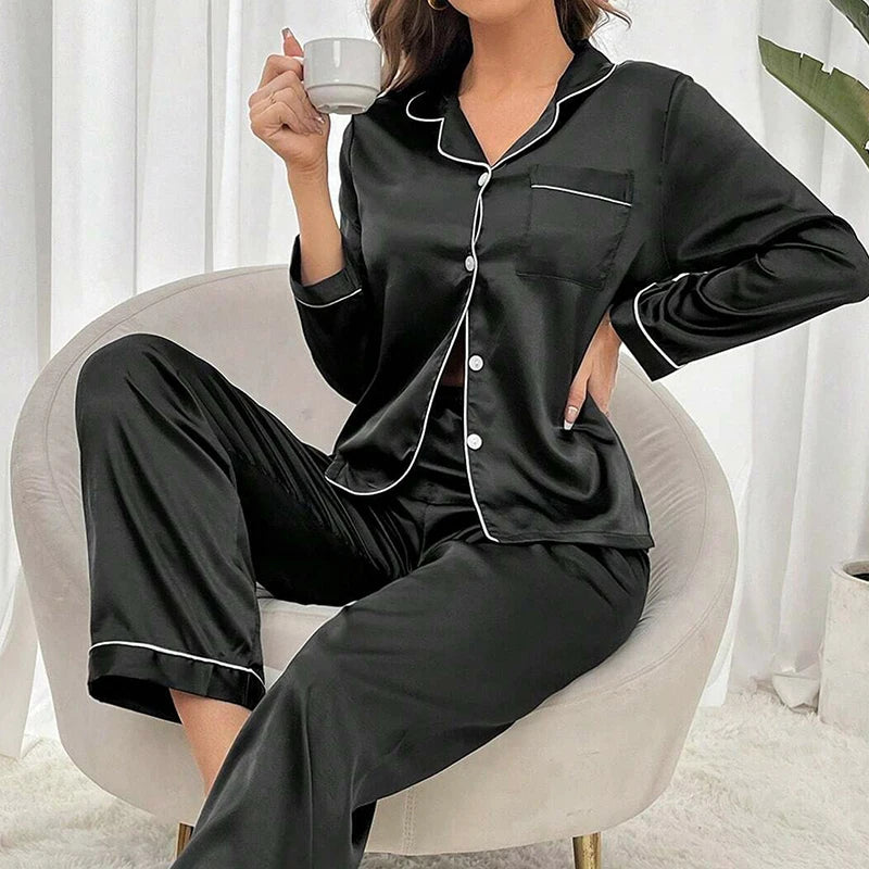 Women's Autumn Satin Pajama Set | Long Sleeve Button Lapel Top & Pants 2-Piece Comfortable Sleepwear
