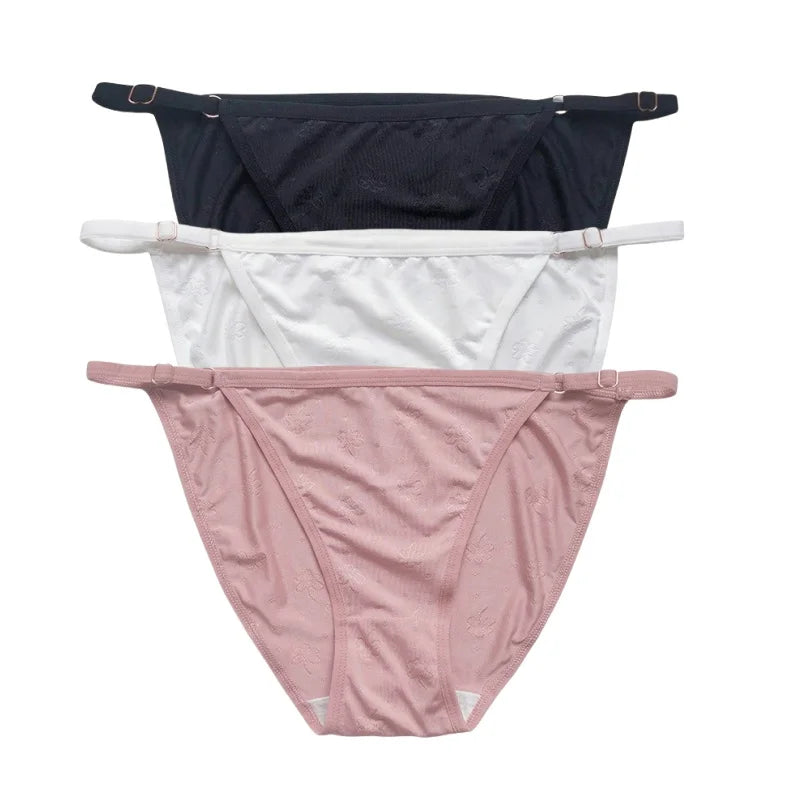 3PCS Set Women's Ice Silk Low Rise Brazilian Panties Solid Color Sexy Underwear S-XL