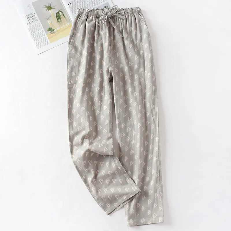 Spring & Summer Women's Cotton Sleep Pants | Couples Homewear | Thin Double Gauze Casual Printed Pajama Bottoms