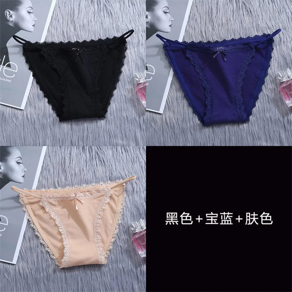 3PCS Women's Traceless Ice Silk Briefs Nylon Lace Trim Low Waist Breathable Cotton Crotch Panties