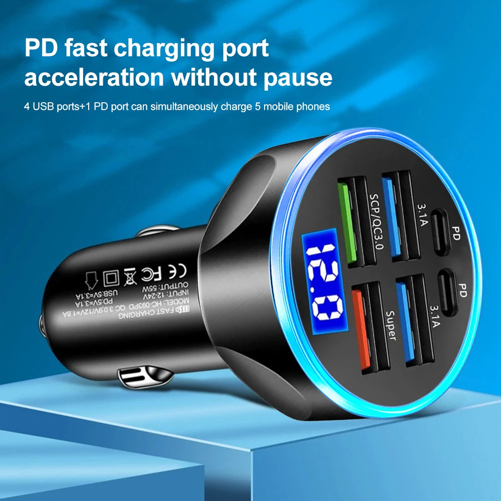 66–250W PD Car Charger – QC3.0 Fast Charging Cigarette Lighter Splitter with Digital Display (1-to-6 Ports)
