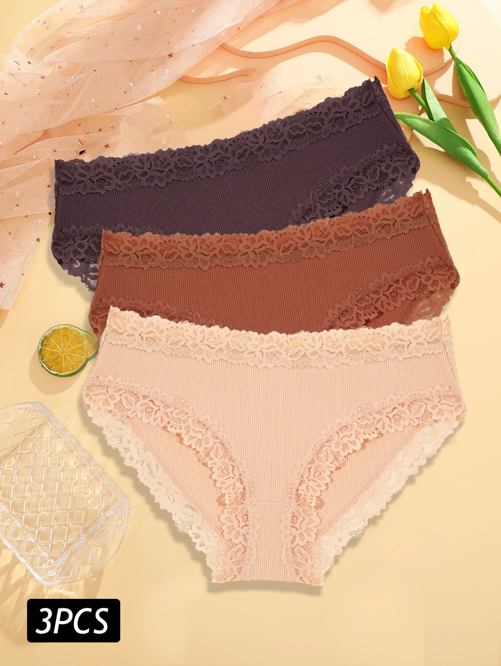 3PCS Set Women's Sexy Lace Cotton Low Rise Panties Floral Seamless Soft Breathable Underwear S-XL