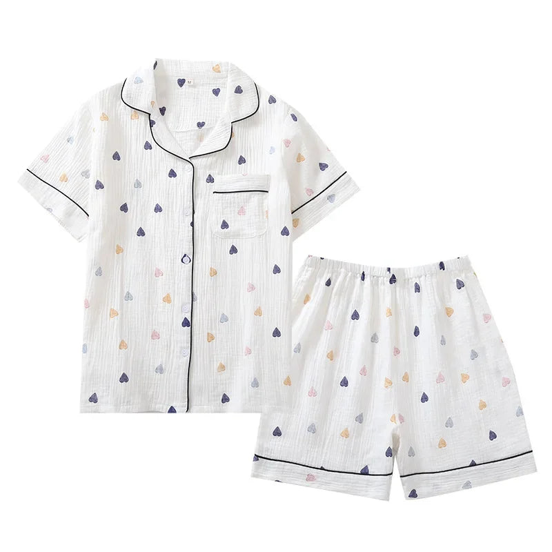 Japanese Summer Women's Pajama Set | Cotton Gauze Short Sleeve & Shorts Cute Heart Sleepwear