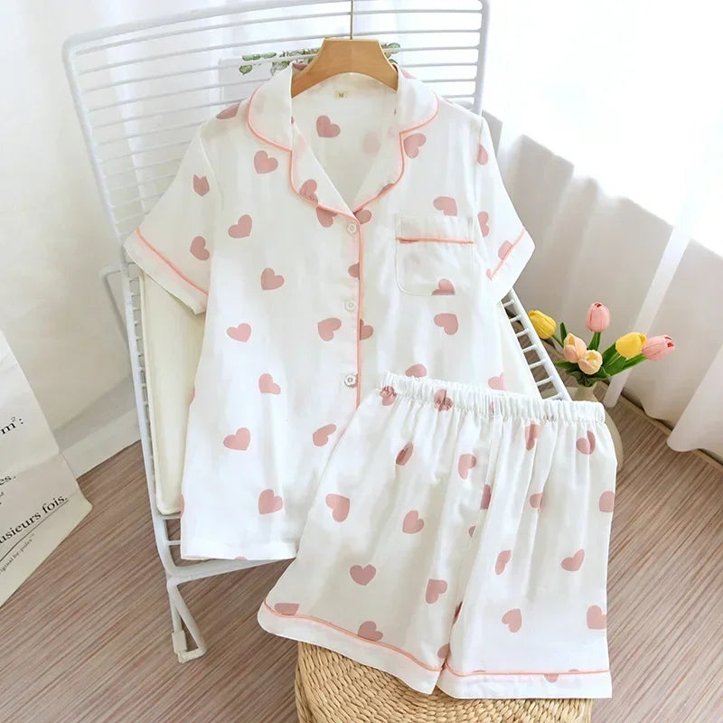 New 100% Cotton Short-Sleeved Pajama Set for Women | Cute Cartoon Japanese-Style Summer Sleepwear