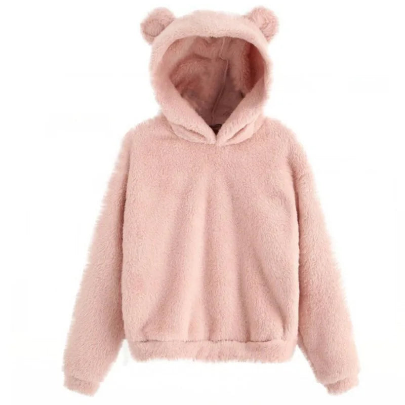 Autumn Winter Women's Long Sleeve Rabbit Ear Hood Plush Sweatshirt Cute Warm Hoodie