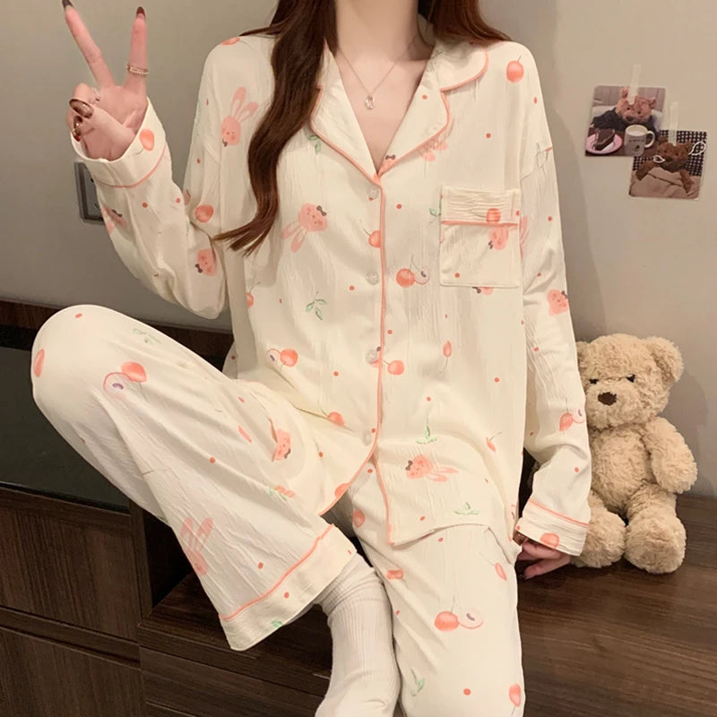 Women's Pink Bow Pajama Set | Harajuku Style Long Sleeve Top & Elastic Waist Pants Sleepwear
