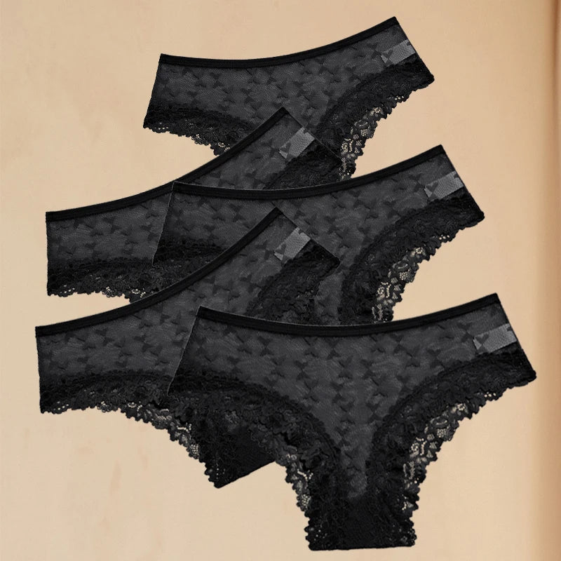 FINETOO 5PCS Women's Lace Hollow Out Panties Sexy Floral Solid Color Underwear Lingerie S-XL