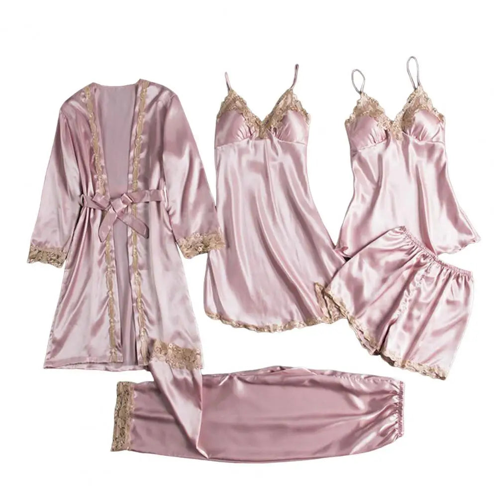 Long & Short Nightgown Set – Elegant Satin Lace 5PCS Women’s Pajama Set with Lace-Up Waist, Silky Comfortable Nightwear