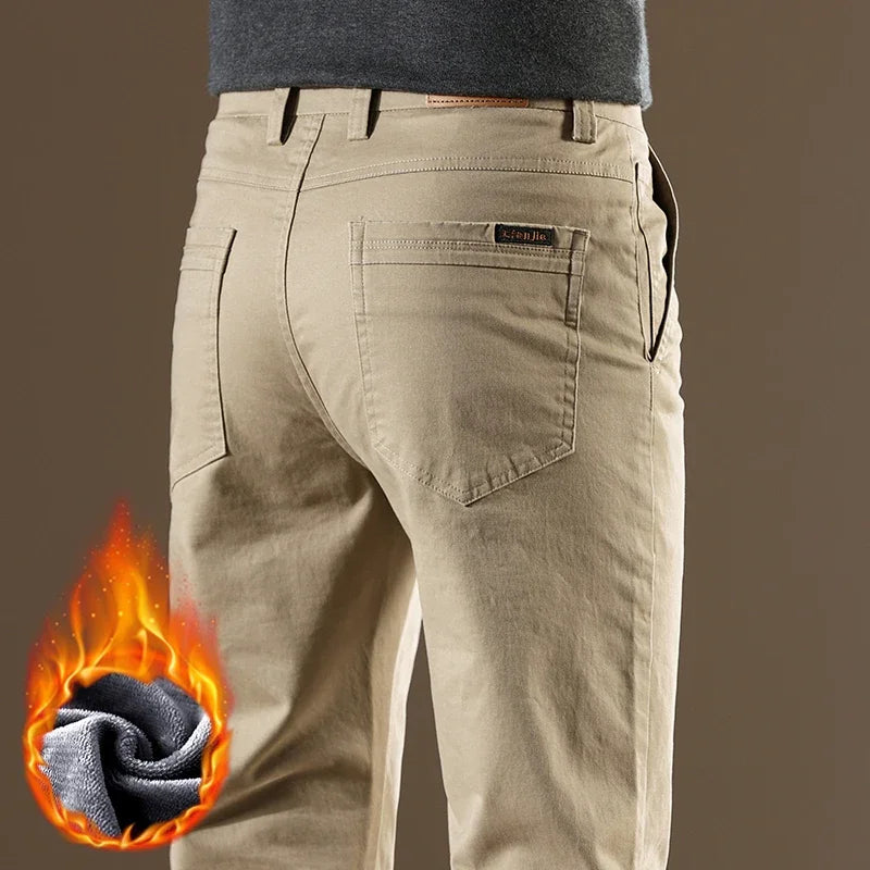 97% Cotton Fleece Business Casual Pants Men | Straight Cozy Stretch Warm Trousers | Winter Thickened Velvet Thermal Clothing