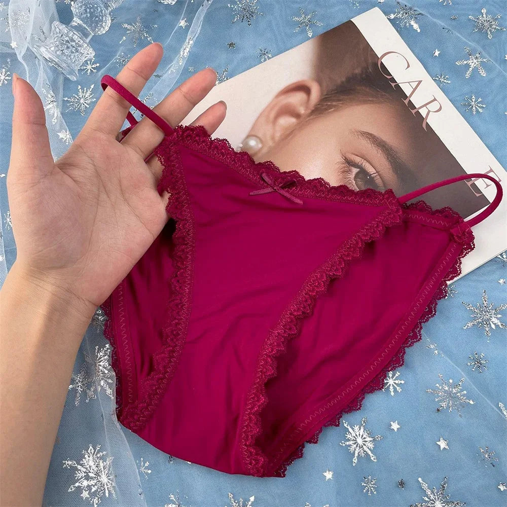 3PCS Women's Traceless Ice Silk Briefs Nylon Lace Trim Low Waist Breathable Cotton Crotch Panties