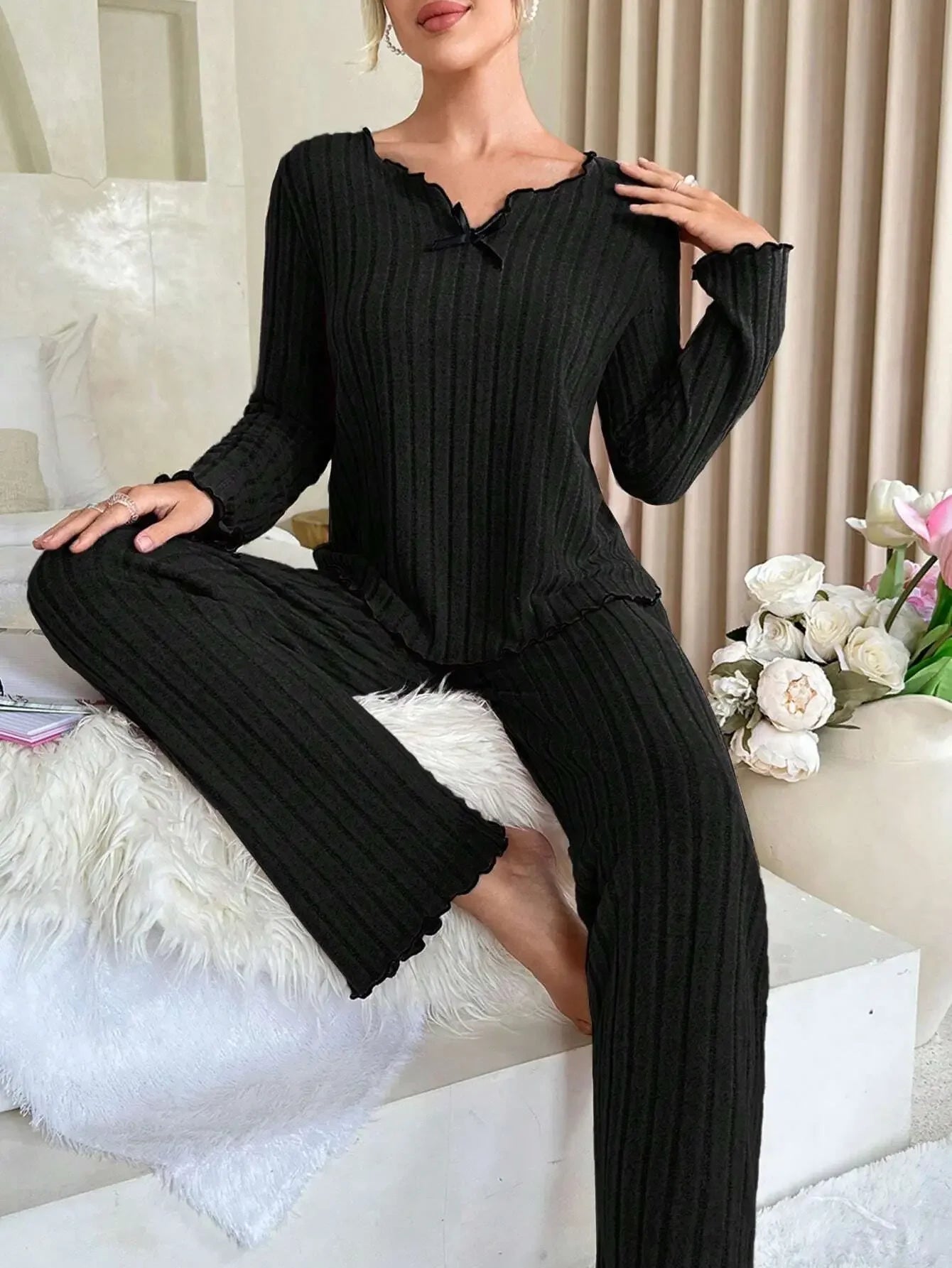 Autumn Winter Women's Ribbed Pajama Set | Long Sleeve Top & Pants 2-Piece Casual Homewear
