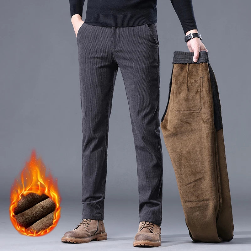 Men's Corduroy Casual Pants – Fleece-Lined Thick Stretch Business Trousers Winter Thermal