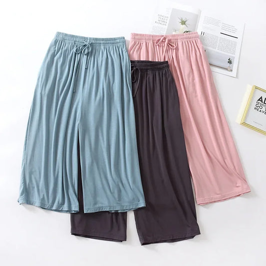 Summer Japanese Style Women's Pants | Loose Modal Cropped Trousers & Thin Wide Leg Shorts | Solid Color Large Size Homewear