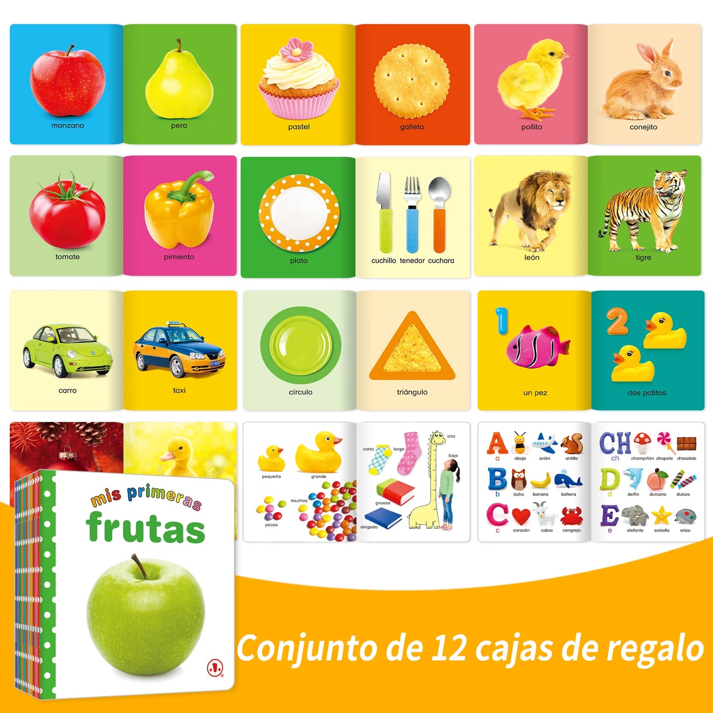 1 Set of 12 Children’s Educational Flip Books – Spanish Boxed Set for Reading, Pictures & Baby Cognition Development