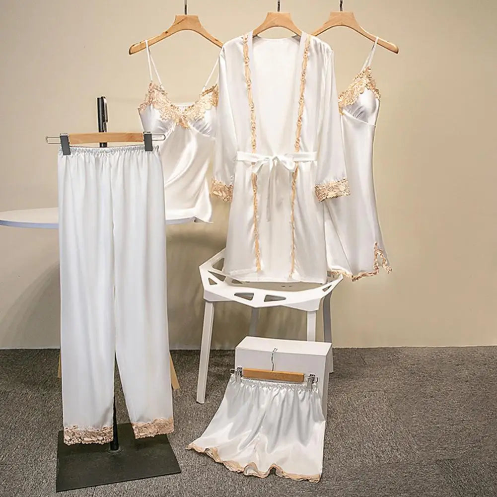 Long & Short Nightgown Set – Elegant Satin Lace 5PCS Women’s Pajama Set with Lace-Up Waist, Silky Comfortable Nightwear