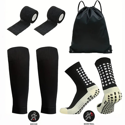 مجموعة معدات كرة القدم من أربع قطع | جوارب مانعة للانزلاق، أغطية جوارب، ضمادة، وحقيبة حمل