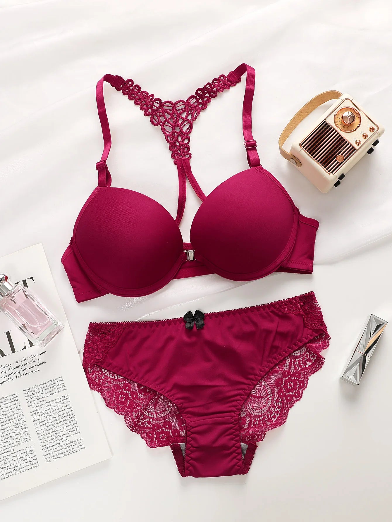 Ladies Black Red Blue Front Buckle Push Up Bra Set with Steel Rims – Beautiful Back Underwear A2128