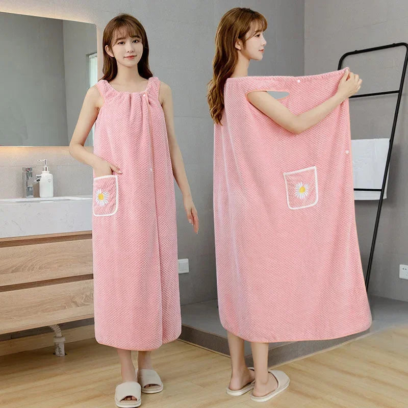 Women's Wearable Bath Towel Wrap - Absorbent Polyester Long Skirt Style Washable Bathrobe for Adults