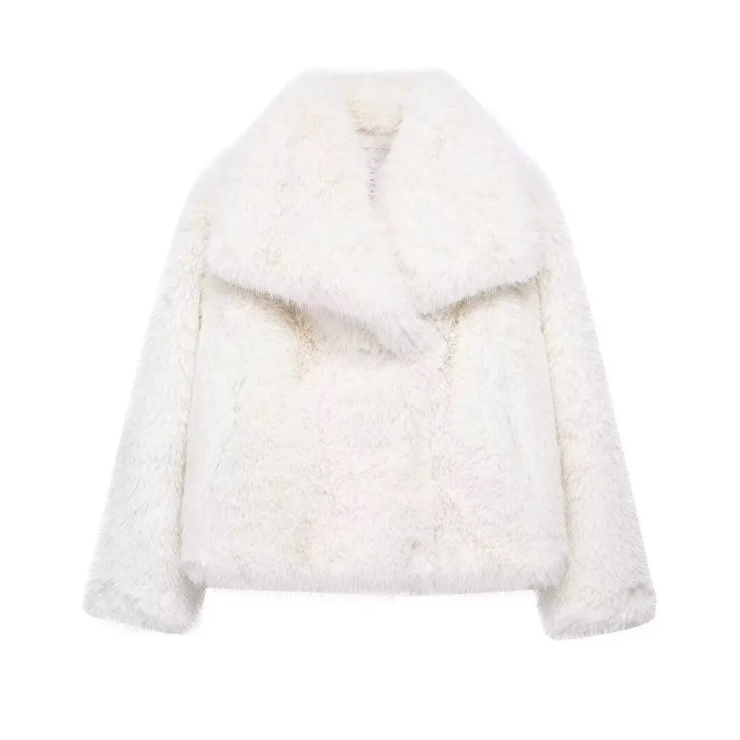 HH Women Fashion Cropped Faux Fur Jacket Long Sleeve Snap-Button Outerwear Chic Lapel Collar