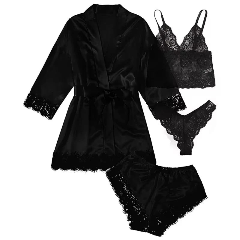Women's Sexy Lace Trim Faux Silk Satin Pajama Set – Comfortable Loungewear