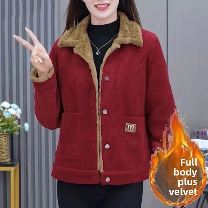 Warm Fleece-Lined Jacket for Middle-Aged & Elderly Women Slim Loose Fit Autumn Winter Fashion