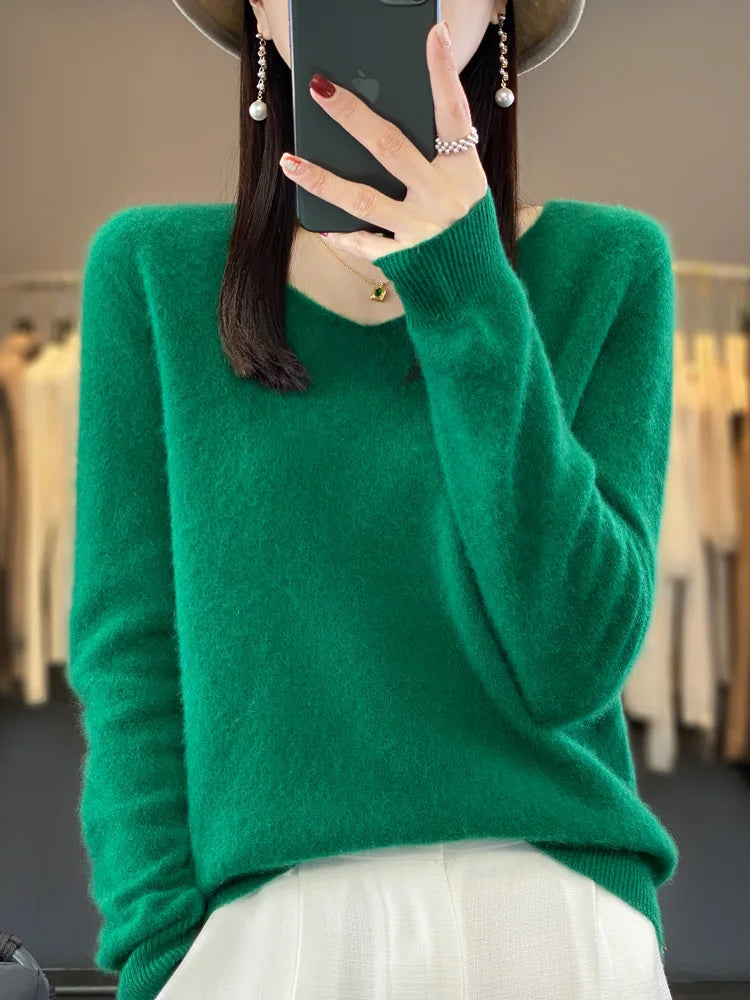 Fashion 100% Merino Wool Cashmere V-Neck Sweater Women Long Sleeve Autumn Winter Knitwear