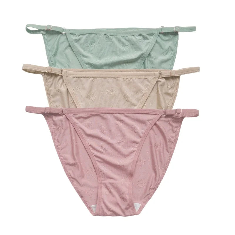 3PCS Set Women's Ice Silk Low Rise Brazilian Panties Solid Color Sexy Underwear S-XL