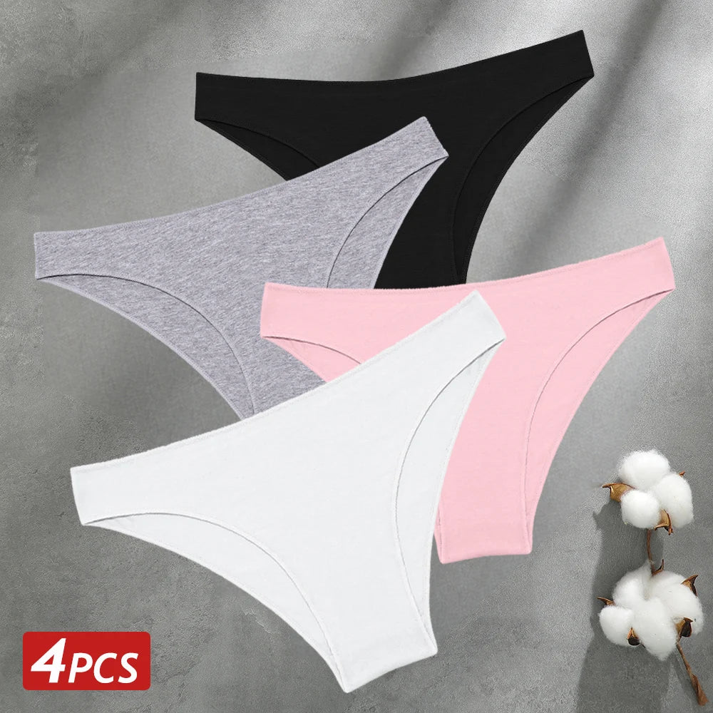 4PCS Seamless Cotton Panties Women Solid Color Low Waist Breathable Stretch Underwear