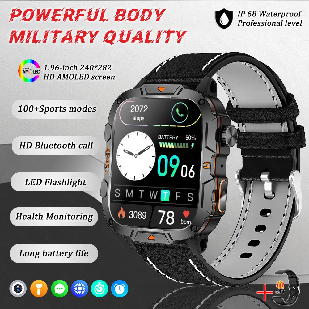 2025 New Military Smart Watch for Men – 1.96" AMOLED Display, 5ATM Waterproof Fitness Tracker | Bluetooth Call Smartwatch for Xiaomi