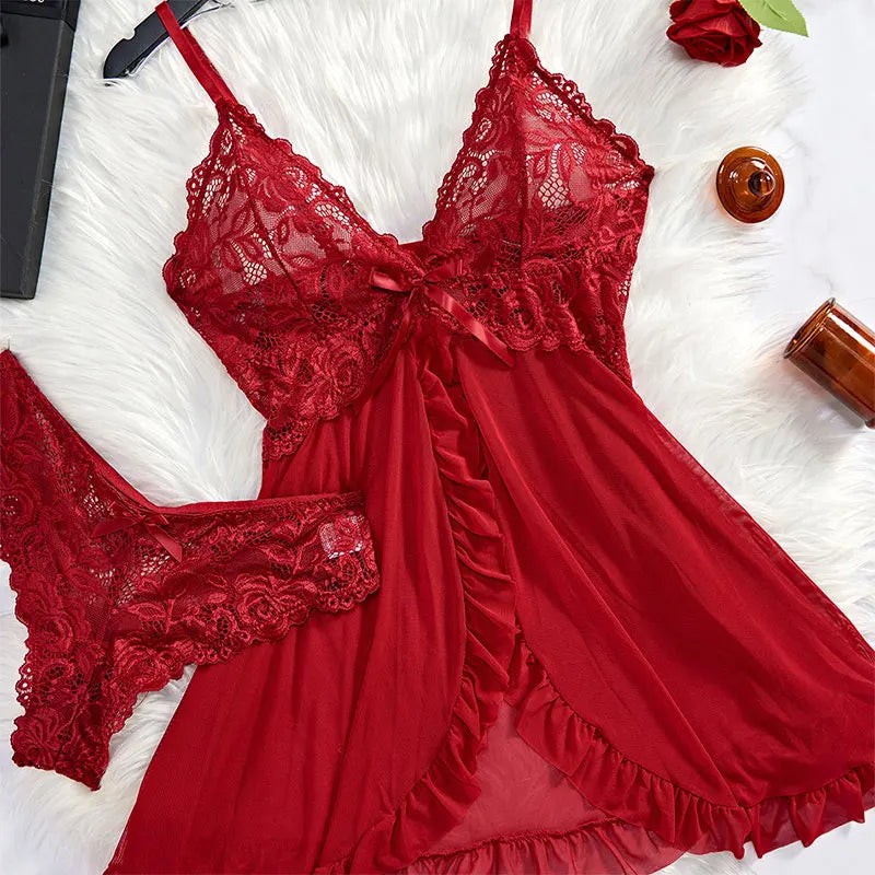Women's Lace Sleepwear Set | Two-Piece V-Neck Slip Dress & Soft Nightdress | Lightweight Comfortable Homewear
