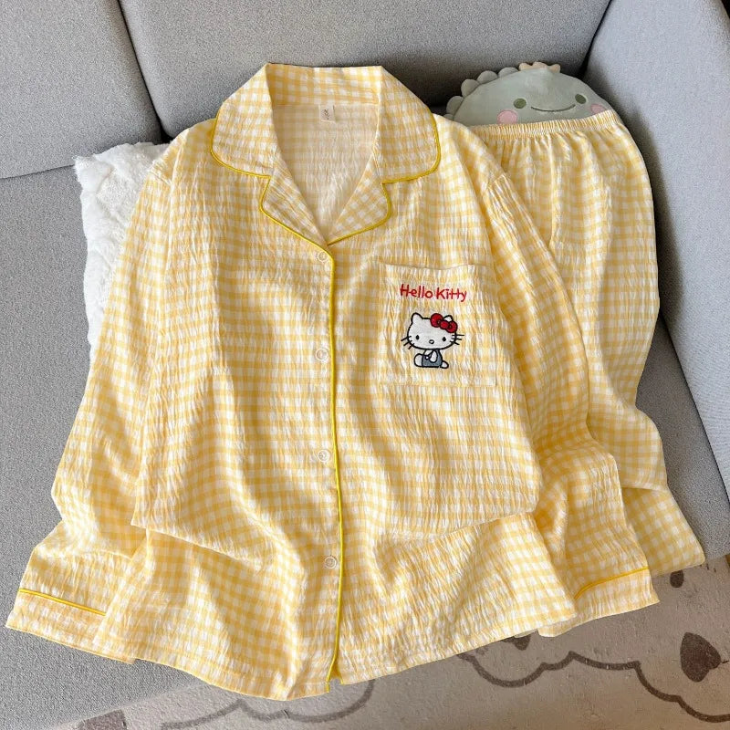 Autumn Women's Hello Kitty Pajama Set | Harajuku Style Plaid 2-Piece Cute Cartoon Sleepwear