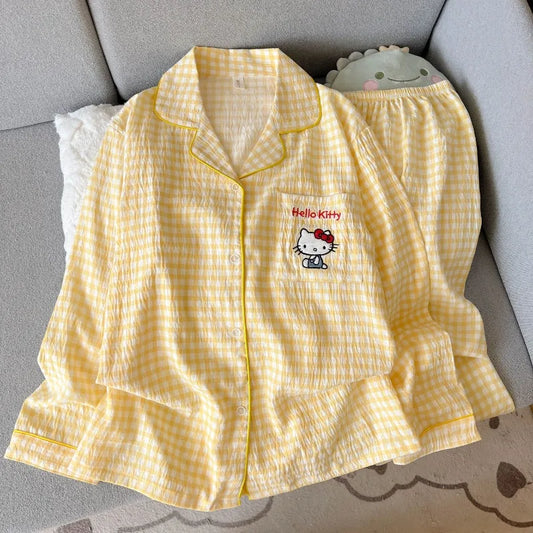 Autumn Women's Hello Kitty Pajama Set | Harajuku Style Plaid 2-Piece Cute Cartoon Sleepwear