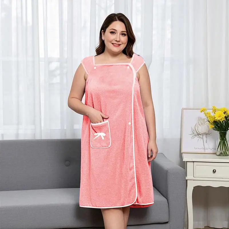Women's Plus Size Wearable Bath Towel – Cute Bow Adjustable Shower Skirt Bath Robe with Pocket