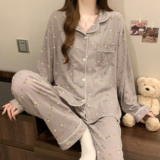 New Spring Autumn Women's Pajama Set | Love Cardigan Long Sleeve Crinkled Fabric Loungewear