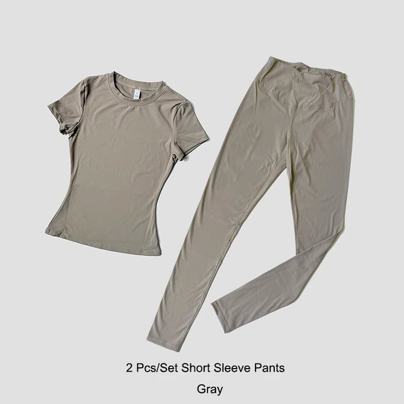 Quick-Drying Gym Leggings Set – Breathable Stretchy Slim Fitness Sport Suit with Short Sleeve Active Top