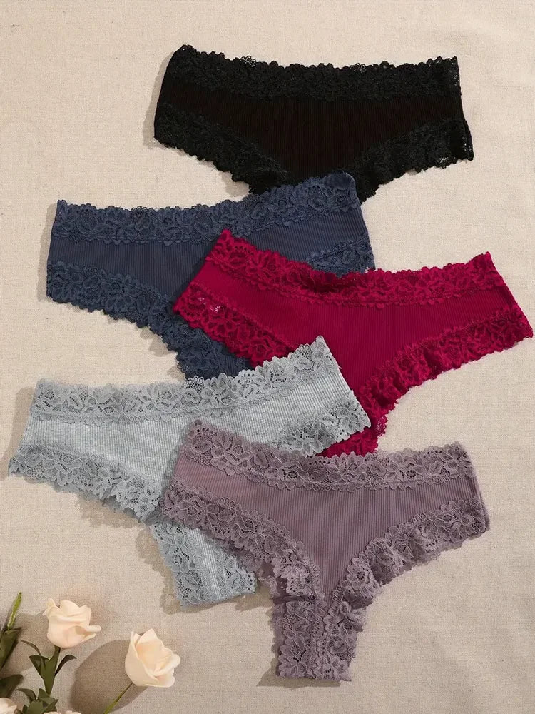 5 PCS Women's Cotton Panties | Floral Lace Patchwork Briefs | Soft Comfortable Underwear S-XL