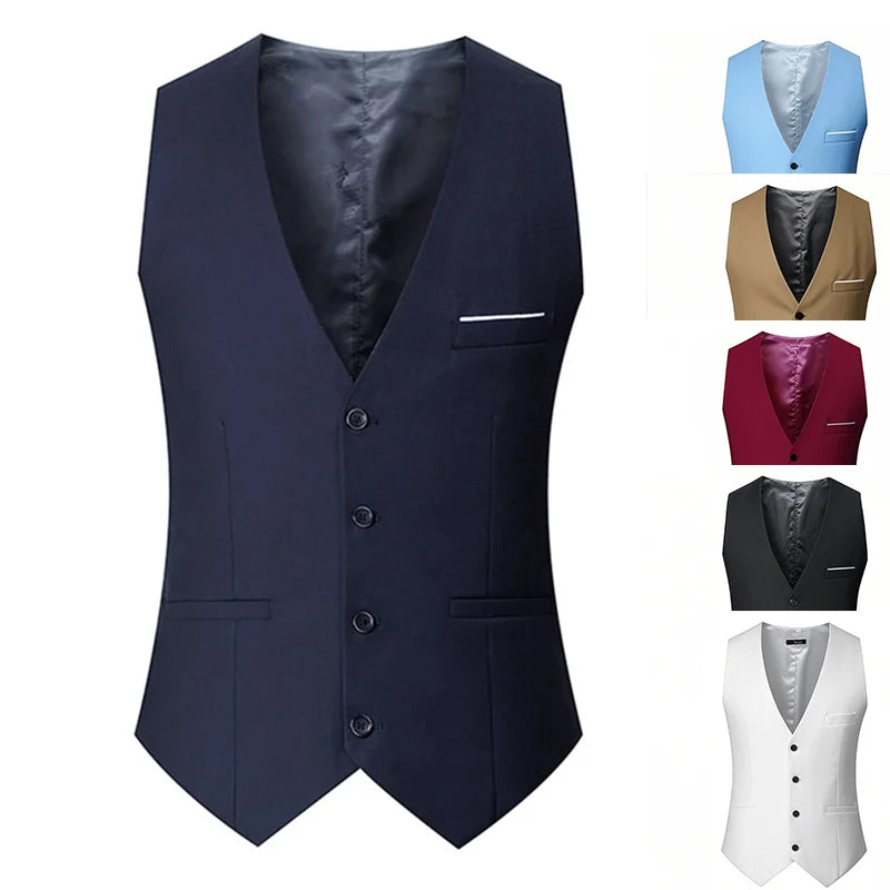 Men's Single-Breasted Solid Color Suit Vest – Adjustable Waist Business & Wedding Vest M-7XL
