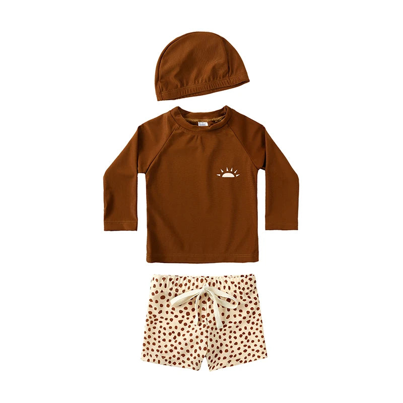 2025 Kids Boys Sun Protection Swimsuit Set Long Sleeve Tops Beach Pants Hat 1-7T