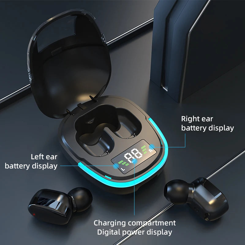 سماعات أذن بلوتوث مع شاشة LED | سماعات أذن لاسلكية ستيريو عالية الدقة، مقاومة للماء، ومضادة للضوضاء، ومناسبة للألعاب