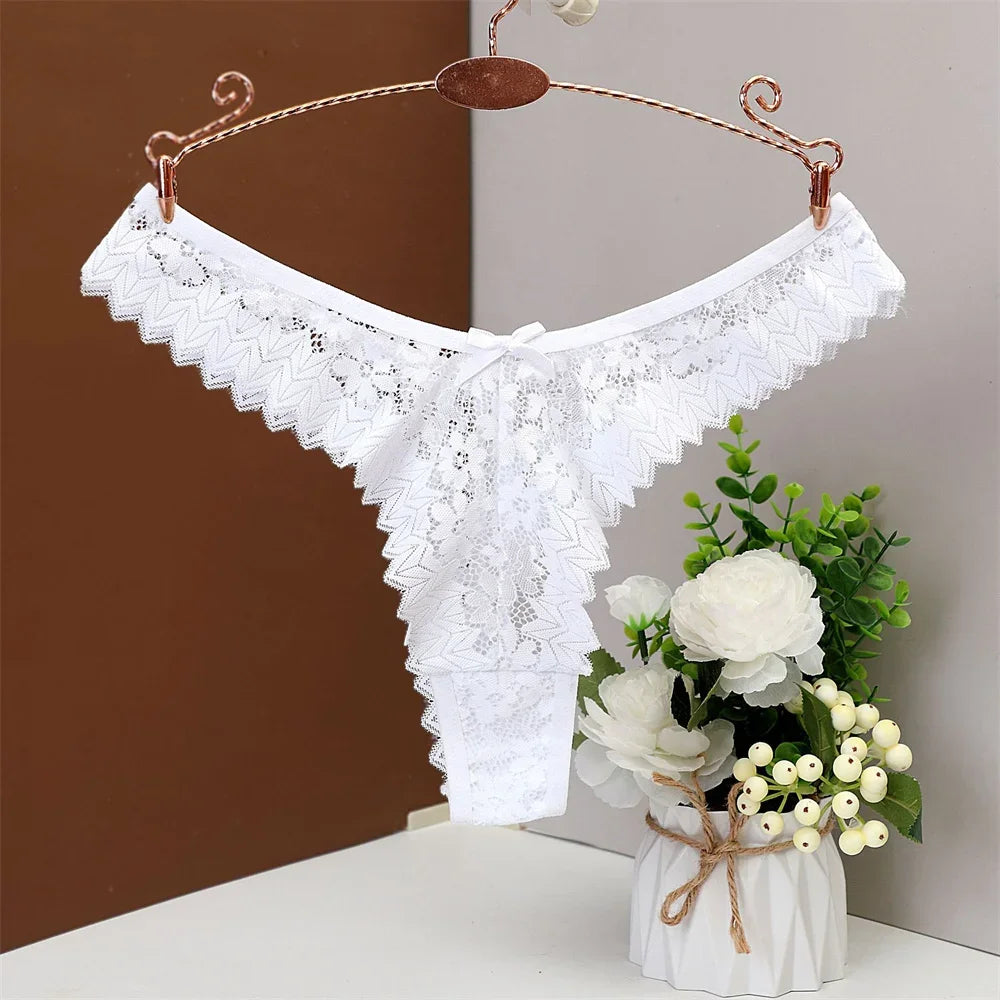 3PC Sexy T-Back Thong Panties for Women – Mid Waist Lace Transparent V-Shape Underwear