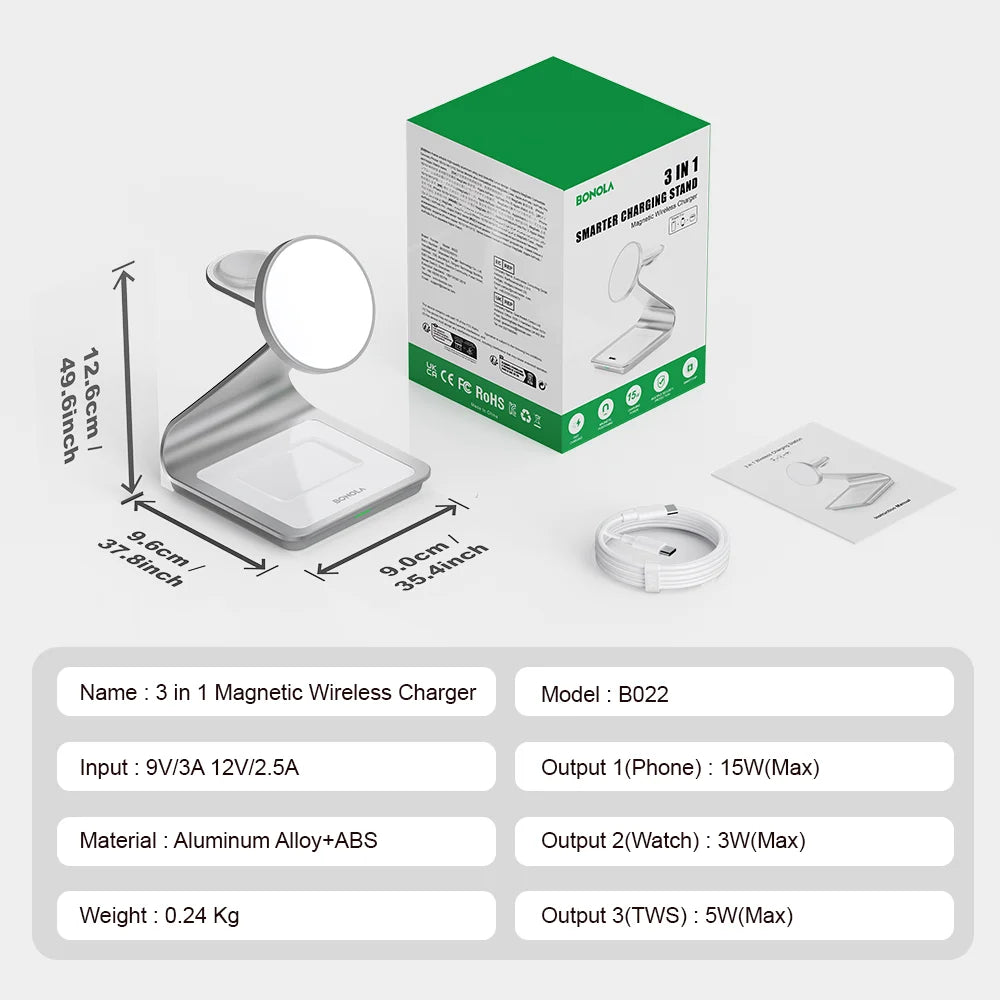 شاحن لاسلكي مغناطيسي 3 في 1 من بونولا - محطة شحن سريع بقوة 30 واط لأجهزة iPhone وApple Watch وAirPods Pro