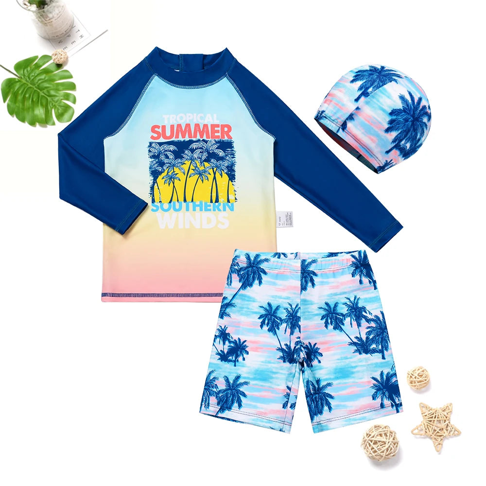 2025 Kids 3 Piece Swimsuit Set Quick Dry Summer Sunset Colorful Beachwear