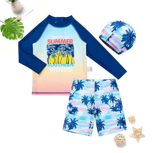 2025 Kids 3 Piece Swimsuit Set Quick Dry Summer Sunset Colorful Beachwear