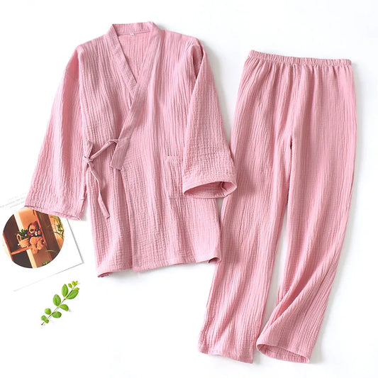 2025 Japanese Kimono Pajama Set | 100% Cotton Two-Piece Couple Yukata | Loose Homewear for Women