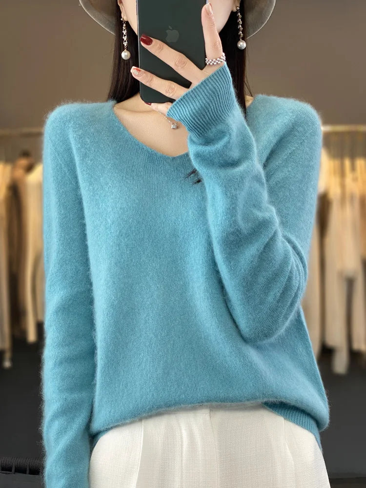 Fashion 100% Merino Wool Cashmere V-Neck Sweater Women Long Sleeve Autumn Winter Knitwear